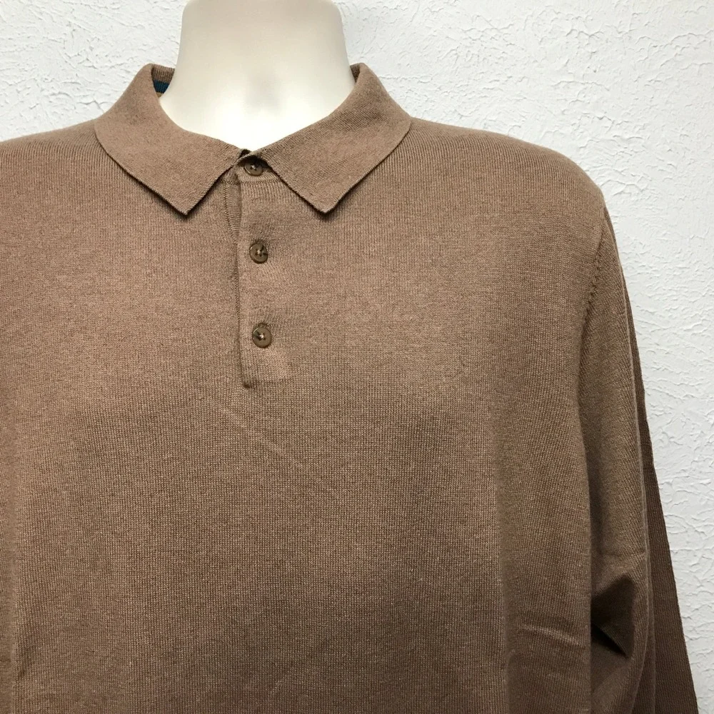 Paul Fredrick Sweater Polo Mens XL Camel Brown Silk Cotton Cashmere KMS203L
